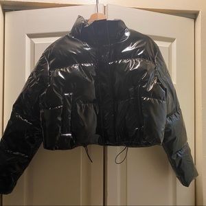 PLT Black Faux Leather Puffer Coat
